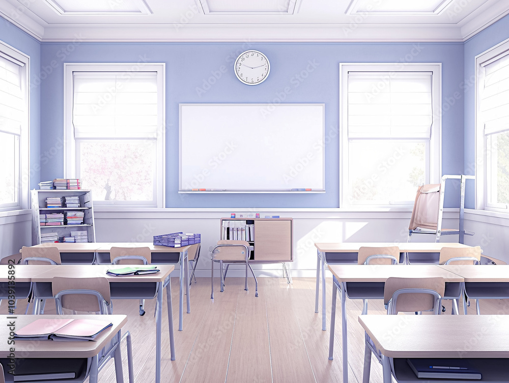 A classroom with a white board and a clock on the wall A classroom with a white board and a clock on the wall