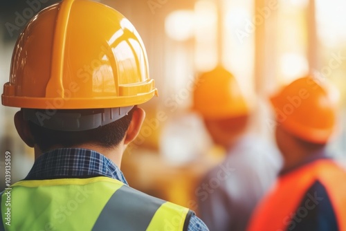 Construction workers in safety gear at site photo