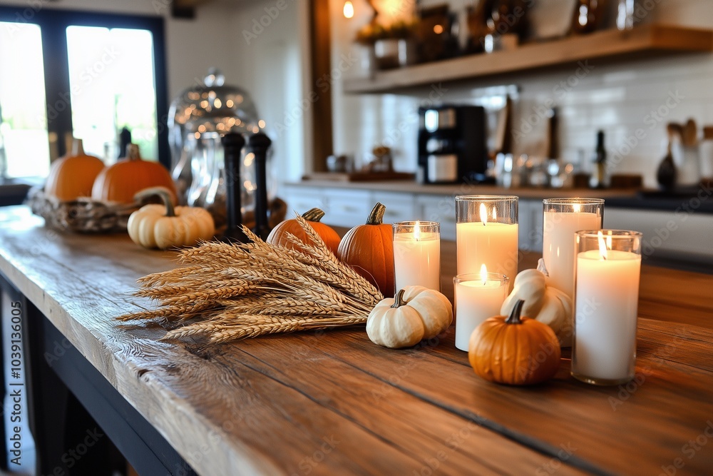 Fototapeta premium A cozy kitchen scene featuring pumpkins, candles, and wheat, perfect for autumn decor and festive ambiance.