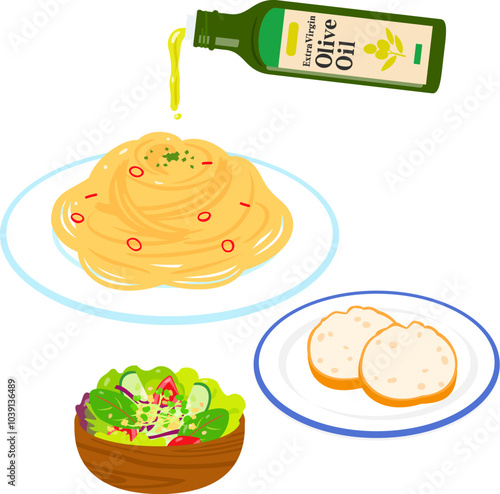 パスタ、サラダ、パンとオリーブオイル