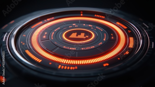 Futuristic digital interface with glowing orange elements against a dark background.