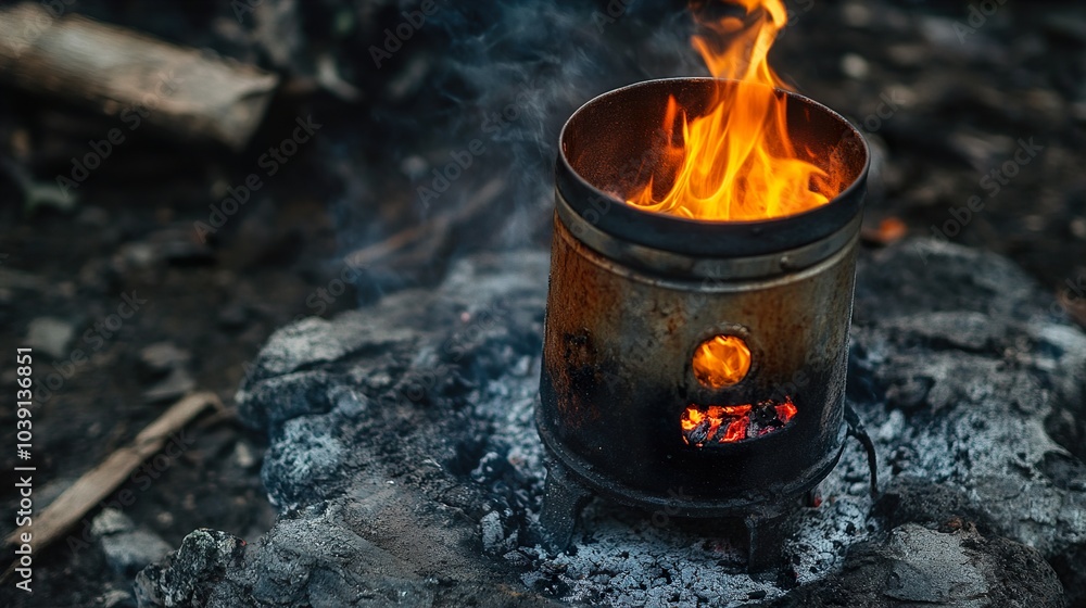 Campfire Burning in a Metal Stove - Outdoor Adventure Campfire Burning in a Metal Stove - Outdoor Adventure