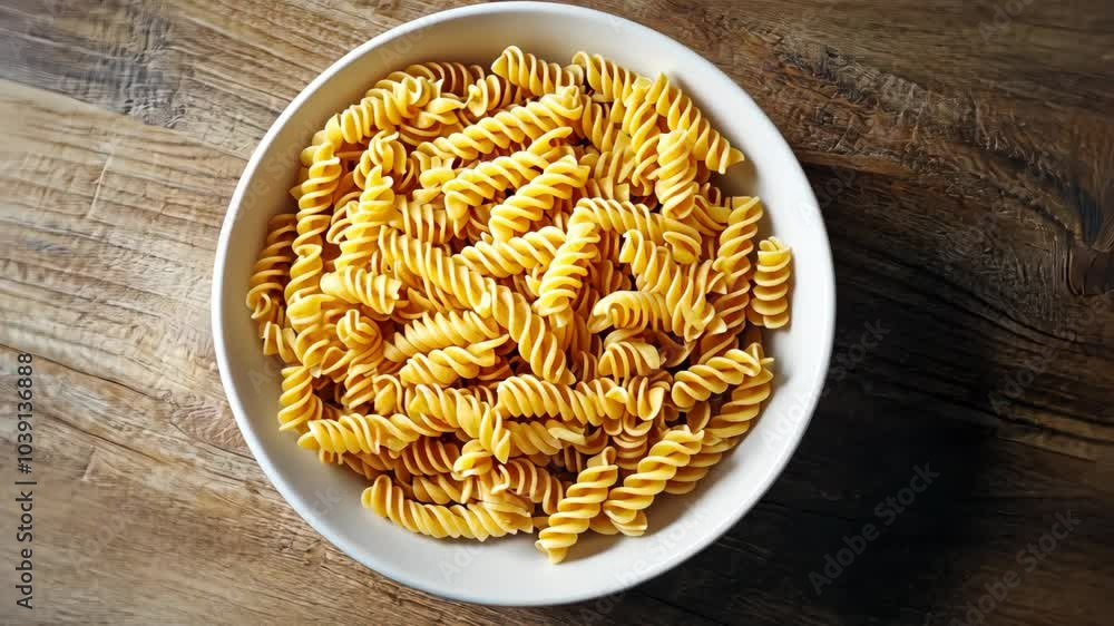 A bowl of cooked rotini pasta sits on a wooden table A bowl of cooked rotini pasta sits on a wooden table
