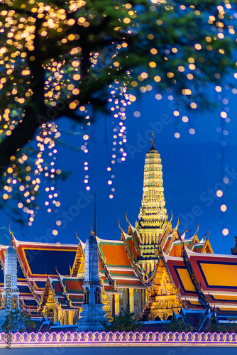 Twilight view of Wat Phra Kaew temple or The Temple of the Emerald Buddha or Wat Phra Si Rattana Satsadaram Landmark of Thailand