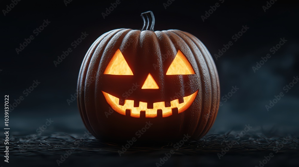 Glowing Halloween pumpkin with carved face on a dark background, ideal for spooky seasonal themes. Glowing Halloween pumpkin with carved face on a dark background, ideal for spooky seasonal themes.
