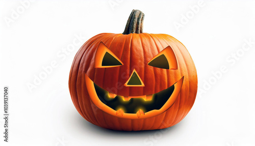 Glowing Jack-o'-lantern smiles mischievously against a stark white background. A classic Halloween symbol, carved with a spooky grin.