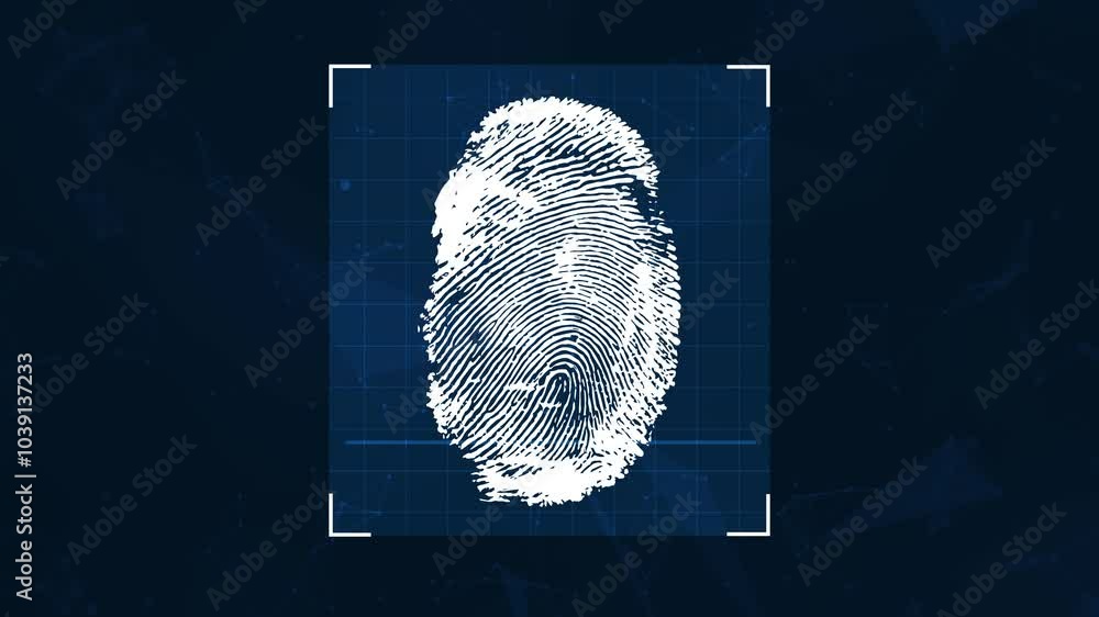 Thumb scanning process 4k Animation on blue background. Biometric verification animation concept design.