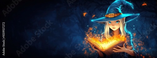 Enchanting Young Witch Casting Spell with Magic Book Against Halloween Background photo