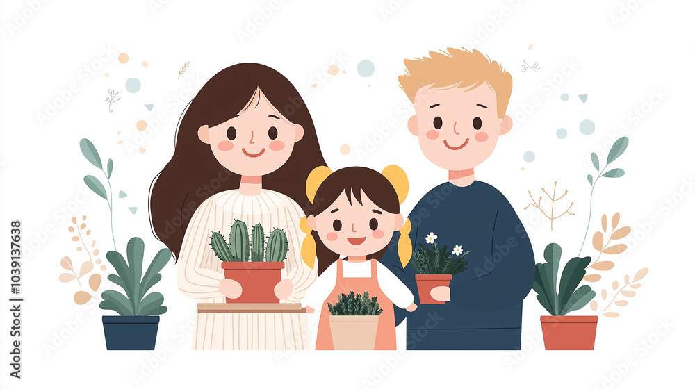 A cute family of planting flowers and plants, surrounded by various small icons such as suns, hearts, apples, cacti, against a white background, A cute family of planting flowers and plants, surrounded by various small icons such as suns, hearts, apples, cacti, against a white background,