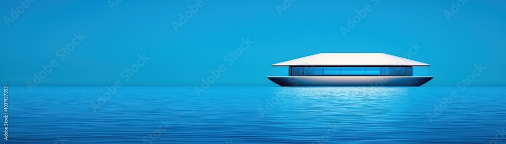 Modern architectural structure floating on serene blue water, minimalistic design, tranquil atmosphere. Modern architectural structure floating on serene blue water, minimalistic design, tranquil atmosphere.