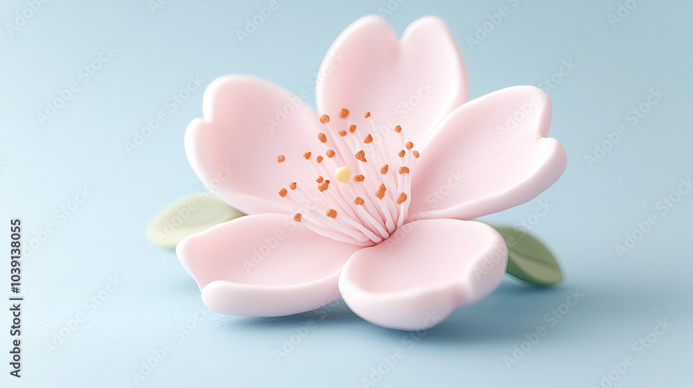 水色背景に粘土細工風の可愛い桜の花の3Dイラスト