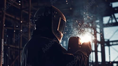 A welder in protective gear and helmet, holding a welding torch with sparks flying and a backdrop of a steel frame, Construction site scene photo