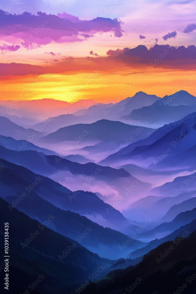 Fototapeta premium Sunset Serenade: A Symphony of Skies and Mountains