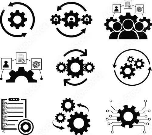 Set of operation icon. Gear, cog, and wheel icon. Business process and workflow illustration. Industry automation sign collection