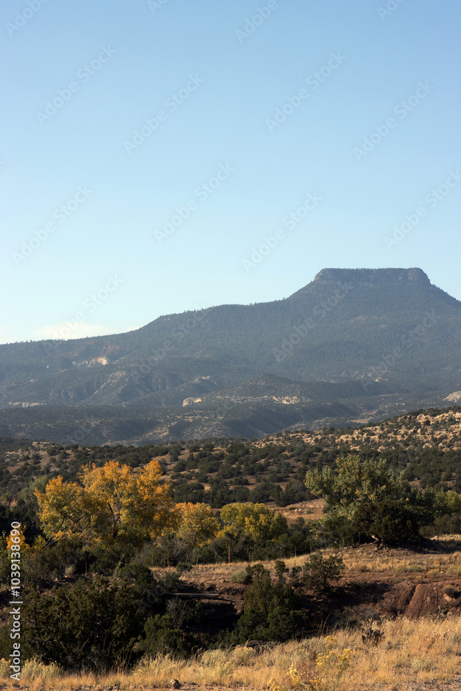 Obraz premium View of Cerro Pedernal, a distinctive northern New Mexico landmark, from the edge of Cañones Creek