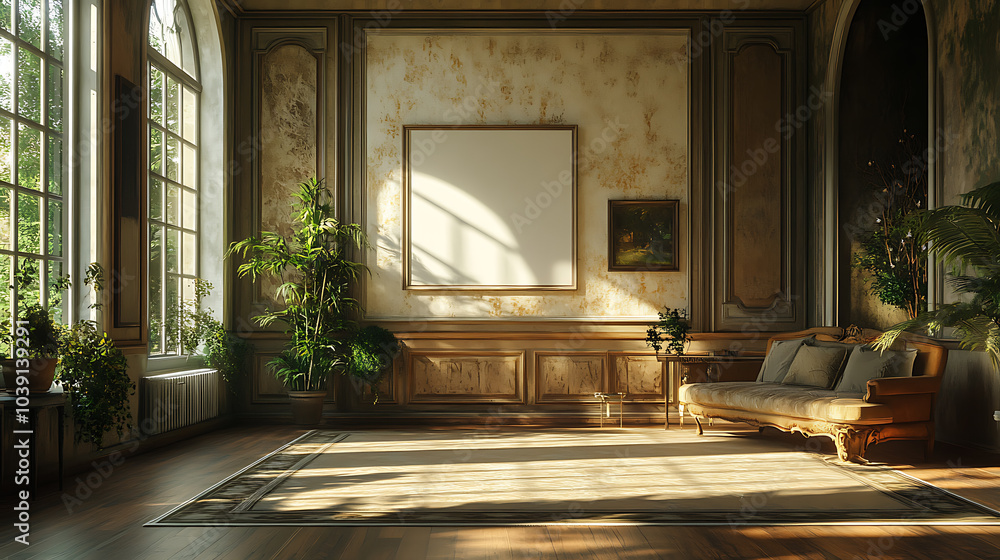 Fototapeta premium A grand living room with a large window, a couch, and a blank canvas ready for your art.