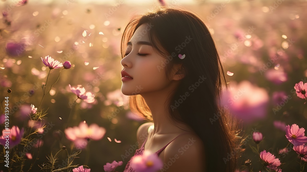 Fototapeta premium Portrait image of an asian woman walking into a beautiful Cutter flower field. 