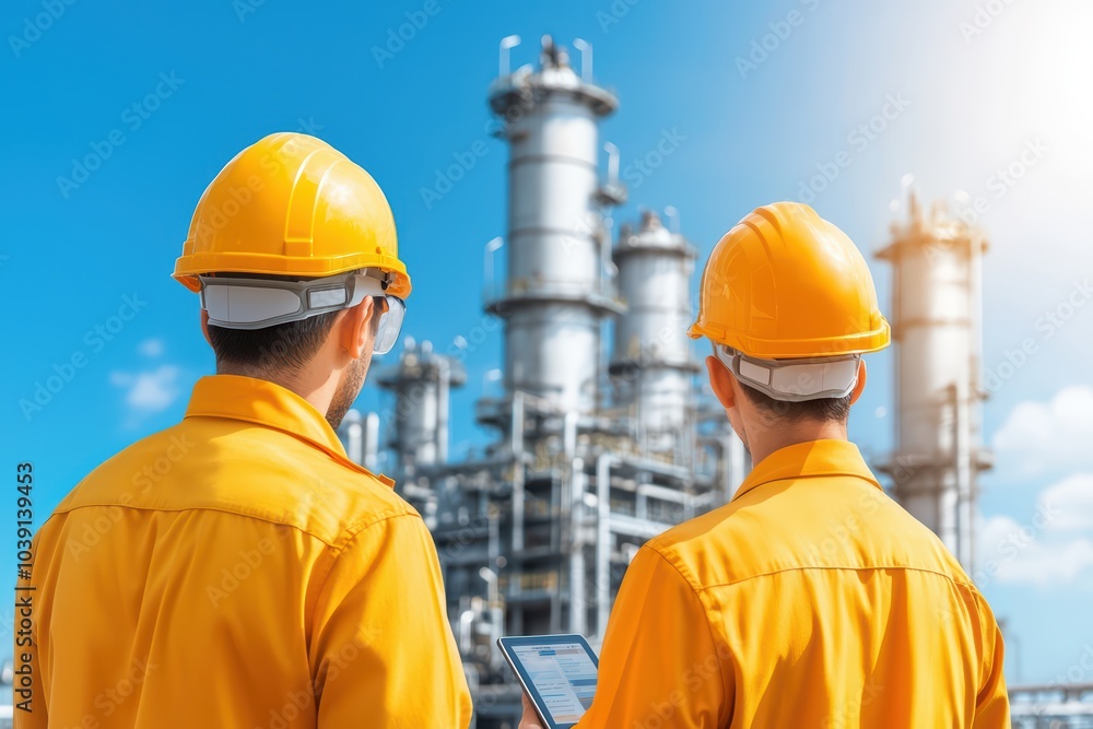 Two engineers observing a modern industrial site with safety helmets and bright uniforms. Two engineers observing a modern industrial site with safety helmets and bright uniforms.