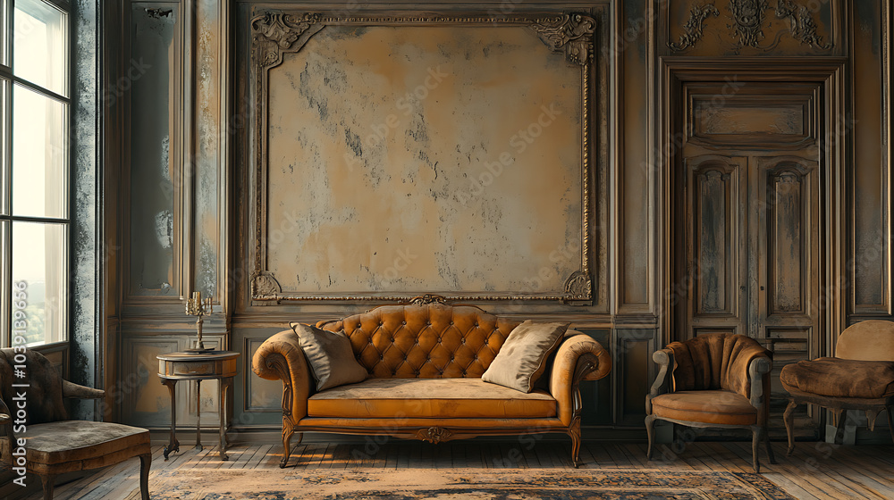 Fototapeta premium A luxurious living room with an ornate couch, two chairs, and a large window, all in a classic design with rich, warm colors.