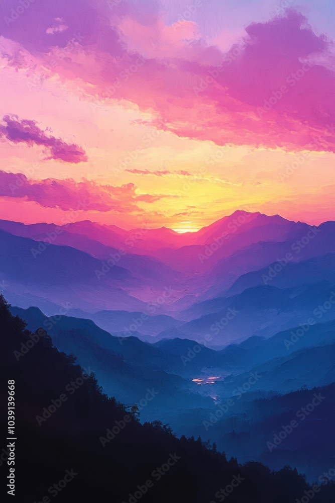 Fototapeta premium Sunset Serenade: A Symphony of Skies and Mountains