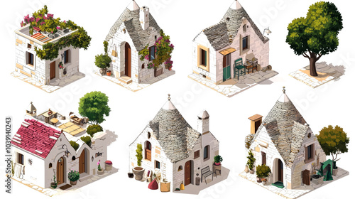 A collection of six traditional trulli houses, with various styles and features, including whitewashed walls, conical roofs, doors, windows, plants, and trees.
