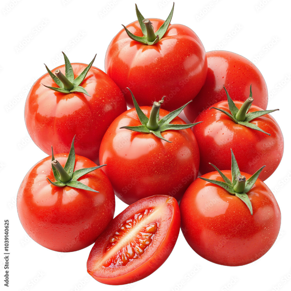 Fresh red tomatoes with green stems and sliced tomato on transparent background Fresh red tomatoes with green stems and sliced tomato on transparent background