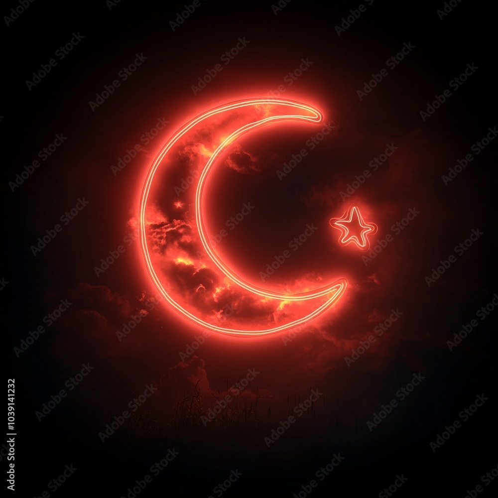 A glowing crescent moon and star in vibrant red against a dark, cloudy night sky. A glowing crescent moon and star in vibrant red against a dark, cloudy night sky.