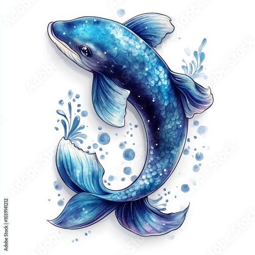 A beautifully illustrated blue fish, splashing playfully with vibrant colors and intricate details. photo