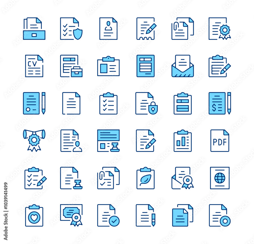 Document icons. Outline symbols. Vector blue line icons set Document icons. Outline symbols. Vector blue line icons set