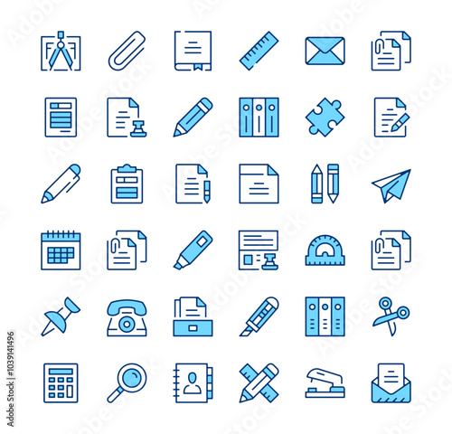 Stationery icons. Outline symbols. Vector blue line icons set