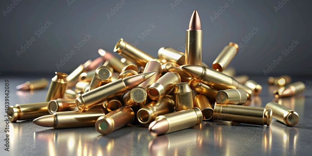 Naklejka premium Realistic rendered 5 Grenel bullets falling on floor into a pile, ammunition, bullets, gun, firearms