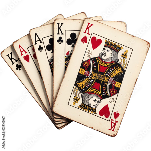 Set of vintage playing cards showing four kings isolated on transparent background