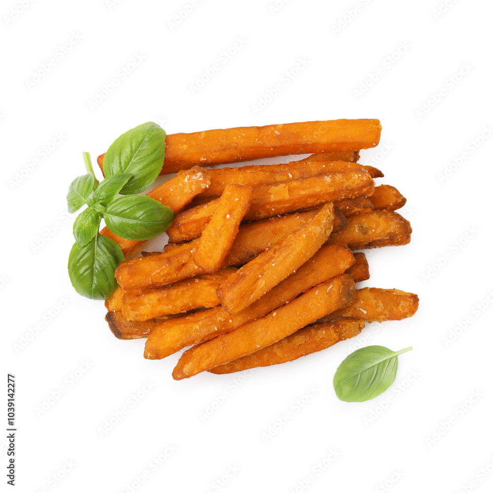 Sweet potato fries and basil isolated on white, top view Sweet potato fries and basil isolated on white, top view