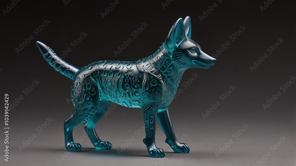 A blue glass figurine of a dog, standing on a dark background. A blue glass figurine of a dog, standing on a dark background.