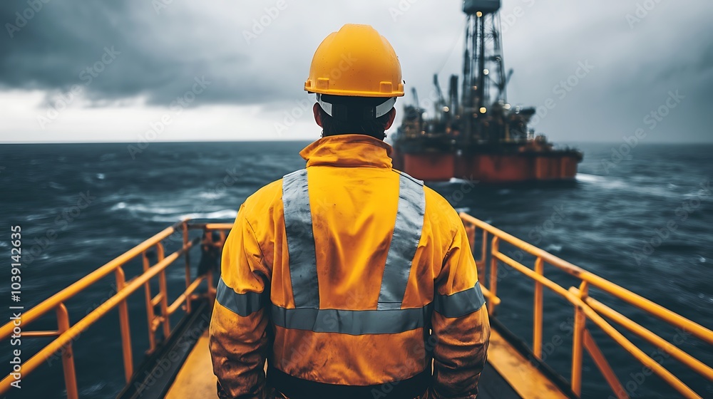 Offshore oil platform worker overlooking the sea during a stormy day, wearing protective gear with industrial machinery in the background. Offshore oil platform worker overlooking the sea during a stormy day, wearing protective gear with industrial machinery in the background.
