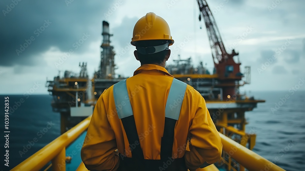 Offshore oil platform worker overlooking the sea during a stormy day, wearing protective gear with industrial machinery in the background. Offshore oil platform worker overlooking the sea during a stormy day, wearing protective gear with industrial machinery in the background.