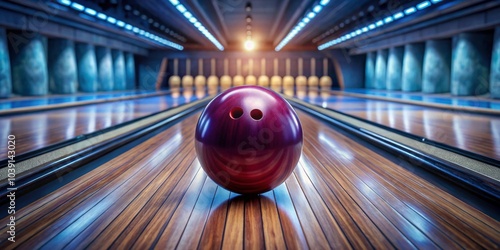 Bowling ball rolling down the lane in a bowling alley , sports, recreation, strike, pins, competition, fun photo