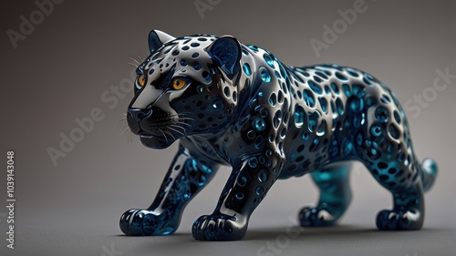 A blue and black, glass-like sculpture of a jaguar, with yellow eyes, is posed as if it is stalking. The sculpture is set against a plain gray background.