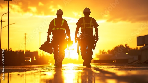 Silhouette of two construction workers walking down a street at sunrise, carrying tools and equipment, with the warm light reflecting on the road, symbolizing early morning work.