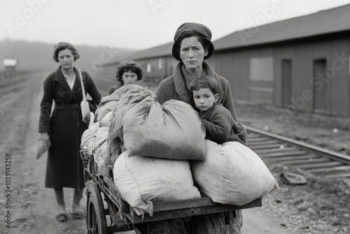 Stark portrayal - black and white depiction of Great Depression's drama, capturing intense hardship, emotional struggles, bleak realities of turbulent era through striking contrasts, powerful imagery.