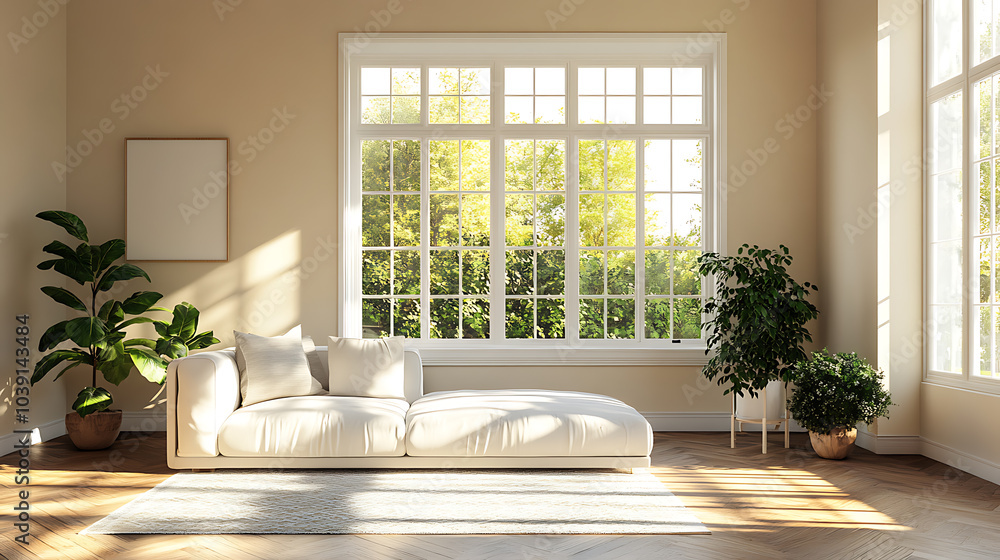 Sunlight streams through a large window, illuminating a spacious living room with a white sofa and green plants. Sunlight streams through a large window, illuminating a spacious living room with a white sofa and green plants.