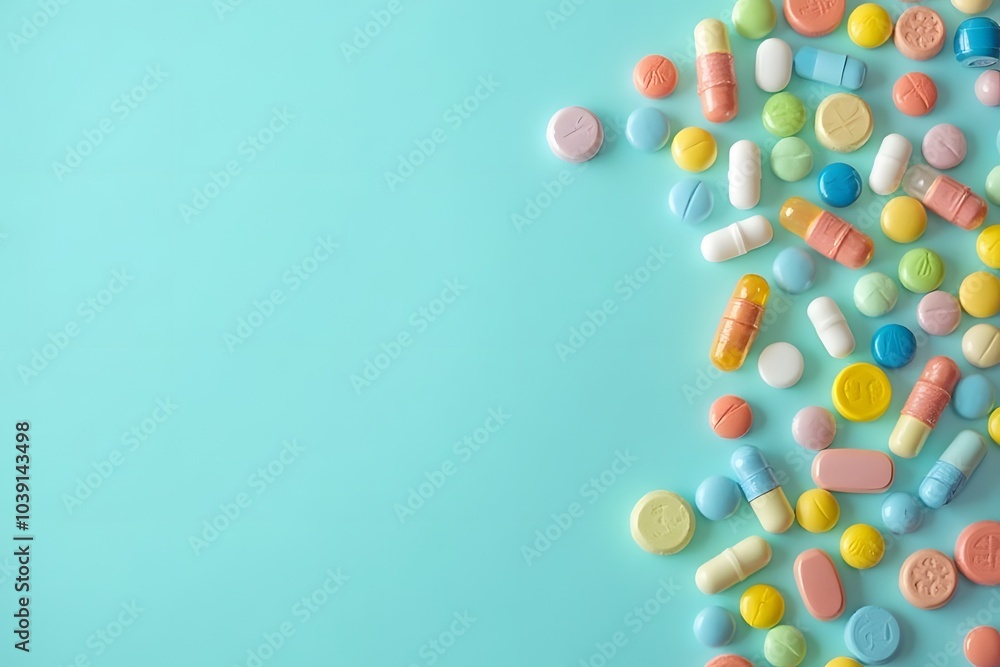 Blue background with distributed tablets and capsules Blue background with distributed tablets and capsules