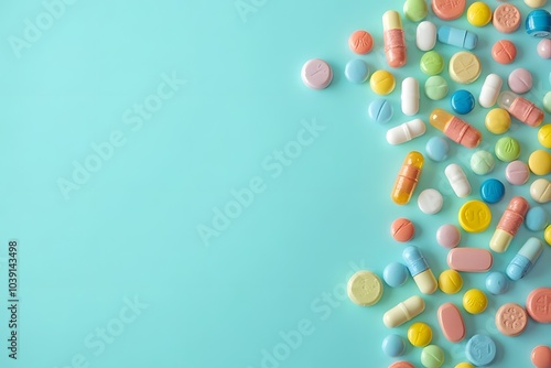 Blue background with distributed tablets and capsules 