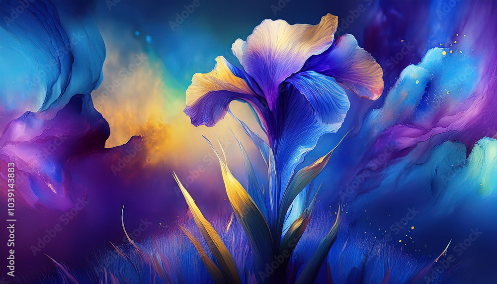 Vibrant close-up of an iris flower with multicolored petals in shades of blue, purple, orange, and yellow. The dynamic lighting and rich colors give it a surreal, magical appearance Vibrant close-up of an iris flower with multicolored petals in shades of blue, purple, orange, and yellow. The dynamic lighting and rich colors give it a surreal, magical appearance