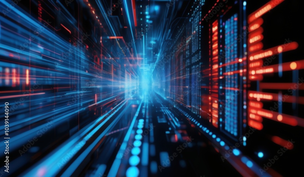 a blue and red light streaks through a dark room explosion of data fragments a blue and red light streaks through a dark room explosion of data fragments