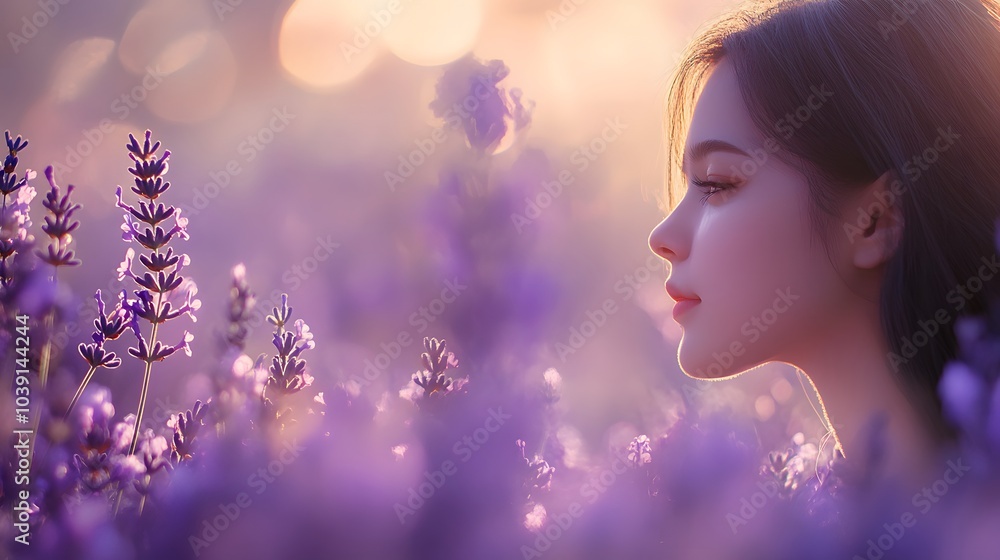 Fototapeta premium Dreamy woman with lavender flowers.