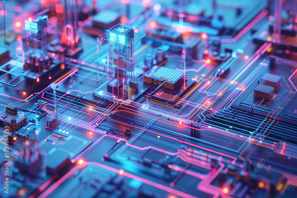 Computer motherboard Electronic circuit chips, featuring dynamic and futuristic network connectivity flowing data. System for hardware drive. Cyberspace innovation of technology
Computer motherboard Electronic circuit chips, featuring dynamic and futuristic network connectivity flowing data. System for hardware drive. Cyberspace innovation of technology
