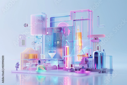 Futuristic laboratory with chemical tube on holographic digital data screen representing scientific research and innovation. Abstract modern science.