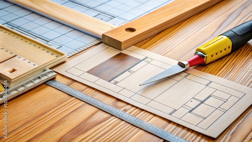 Fototapeta premium Close-up of a builder's table with linoleum, a knife, and a house plan for taking measurements, flooring
