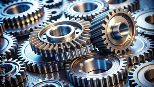 Close-up view of metal gears and machinery components , technology, industry, engineering, mechanical, precision